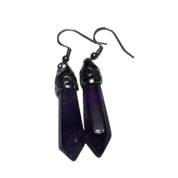 Natural Amethyst Quartz Dangle Earrings - Picture 2 of 2